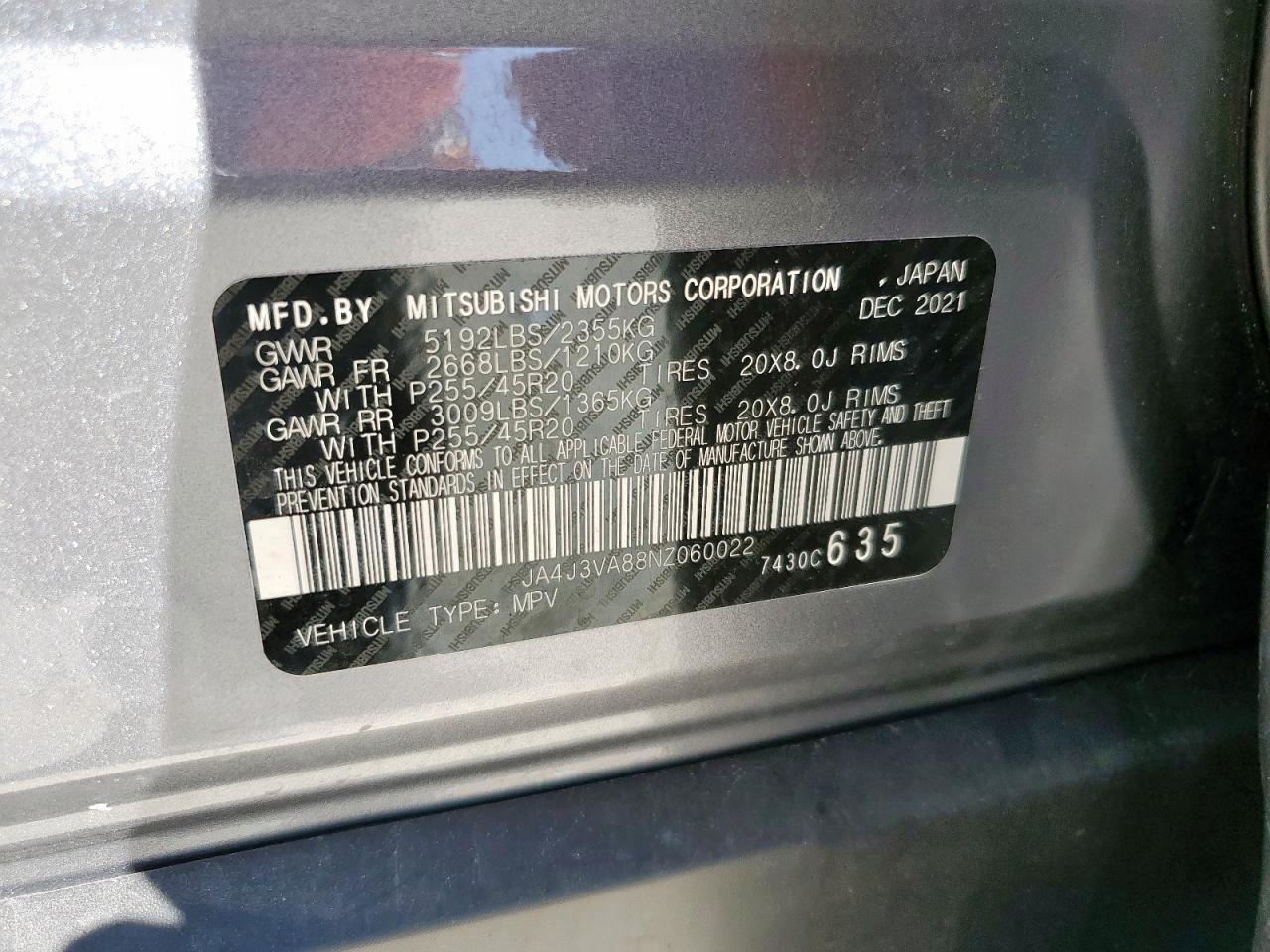 2022 Mitsubishi Outlander Sel VIN: JA4J3VA88NZ060022 Lot: 82393615