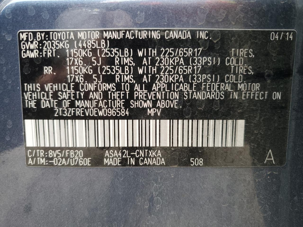 2014 Toyota Rav4 Le VIN: 2T3ZFREV0EW096584 Lot: 82451115