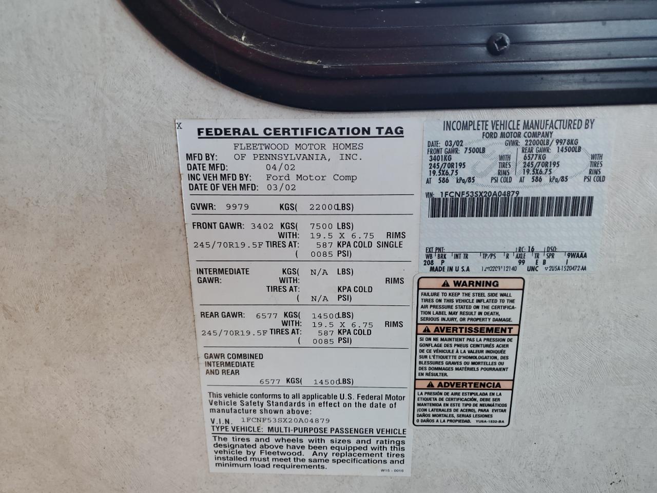 2002 Ford F550 Super Duty Stripped Chassis VIN: 1FCNF53SX20A04879 Lot: 90314985