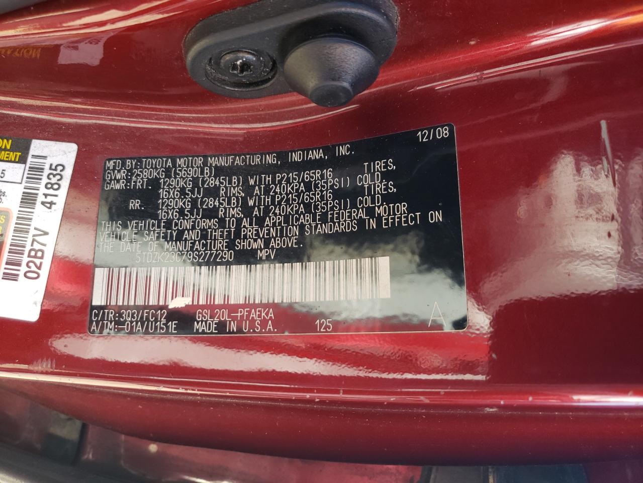 2009 Toyota Sienna Ce VIN: 5TDZK23C79S277290 Lot: 85896885