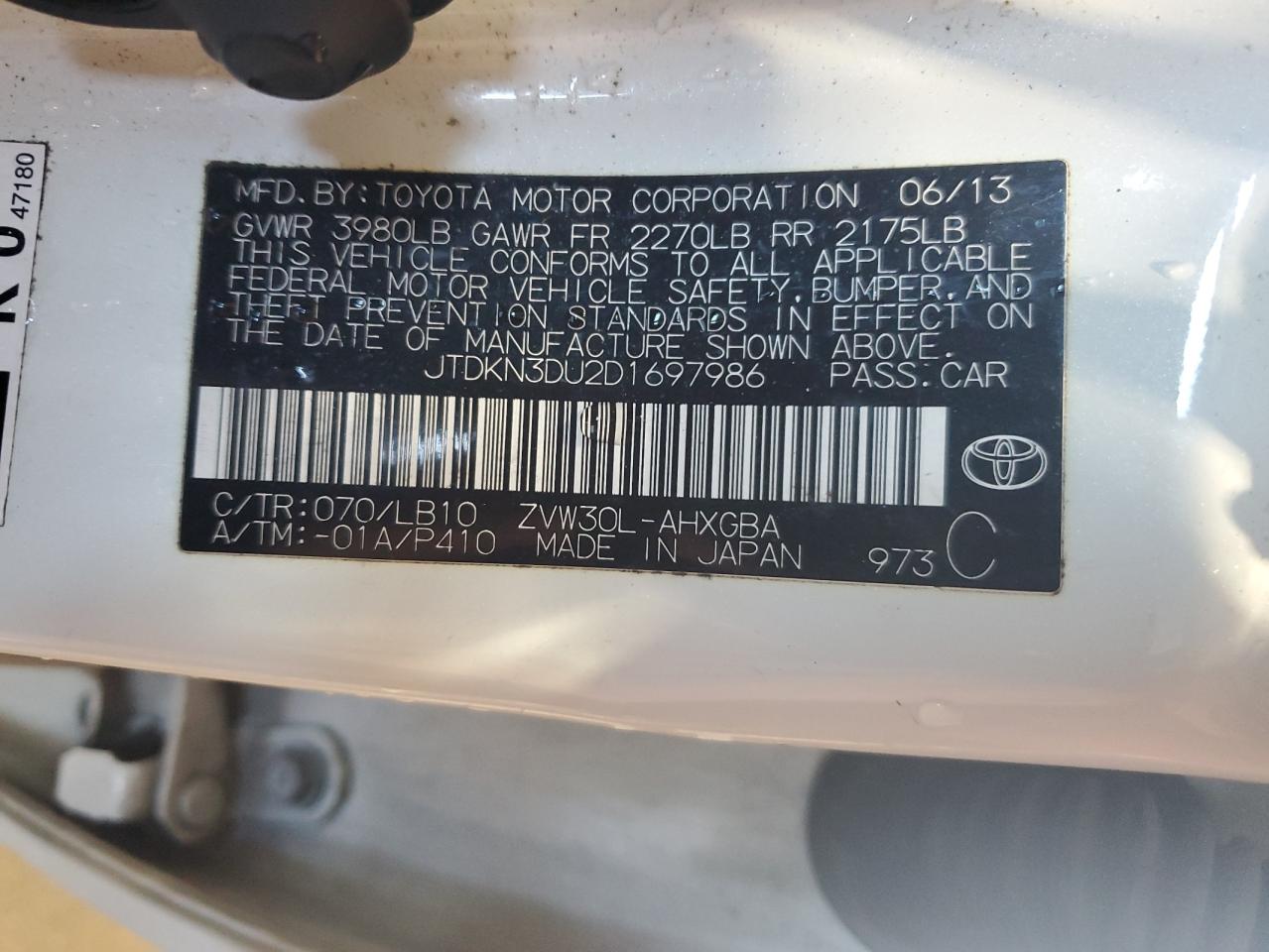 2013 Toyota Prius VIN: JTDKN3DU2D1697986 Lot: 85269465