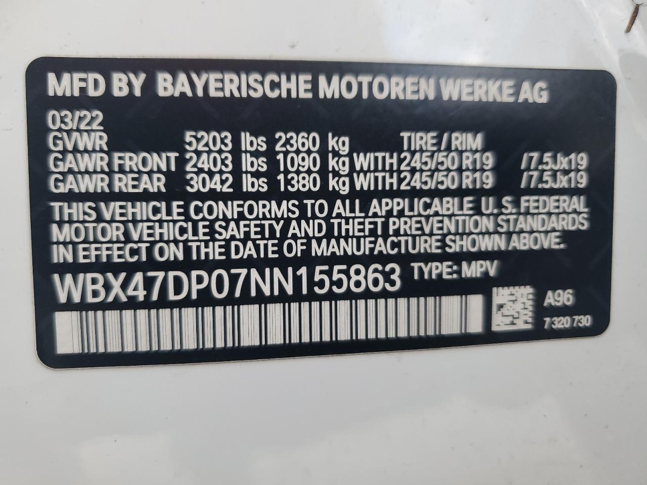 2022 BMW X3 Sdrive30I VIN: WBX47DP07NN155863 Lot: 87298355