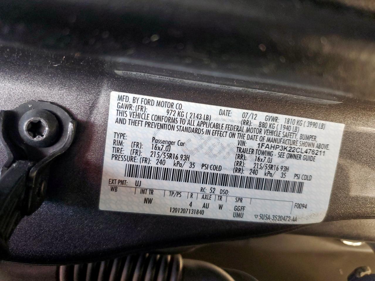 2012 Ford Focus Se VIN: 1FAHP3K22CL476211 Lot: 85779295