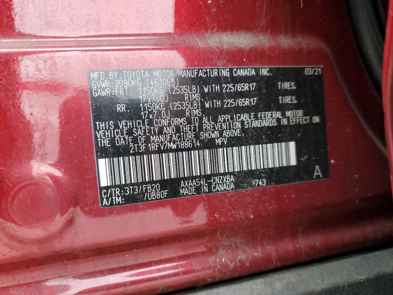 2021 Toyota Rav4 Le VIN: 2T3F1RFV7MW188614 Lot: 86139785