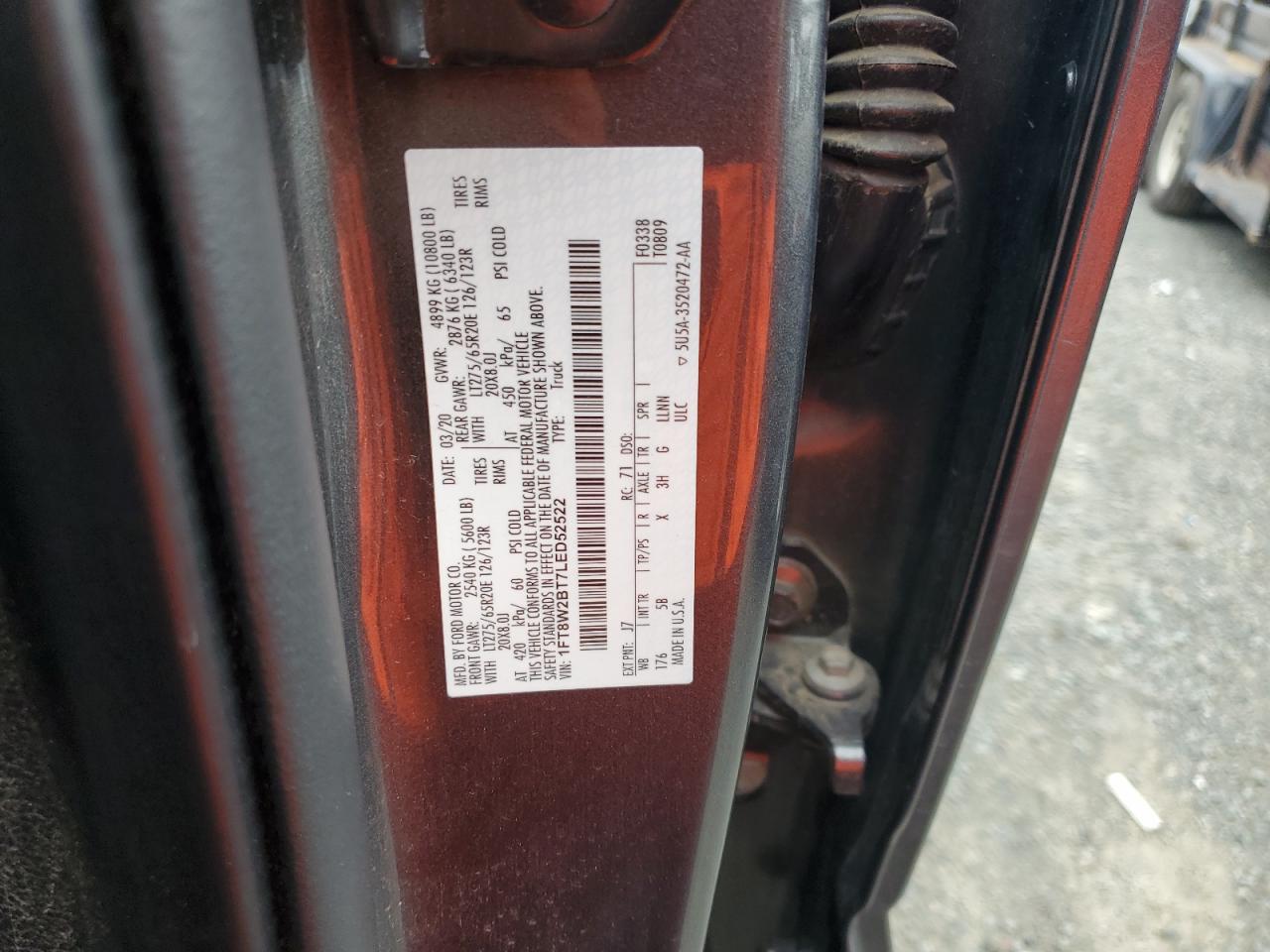 2020 Ford F250 Super Duty VIN: 1FT8W2BT7LED52522 Lot: 85506655