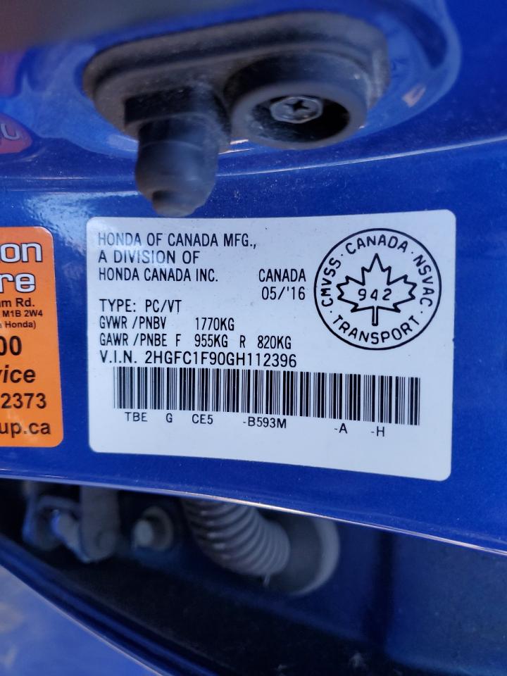 2016 Honda Civic Touring VIN: 2HGFC1F90GH112396 Lot: 85193815