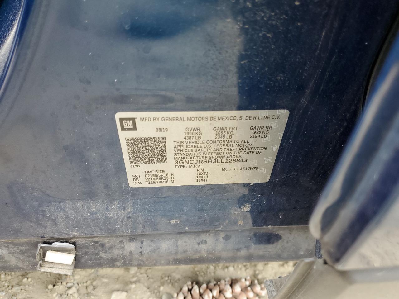 2020 Chevrolet Trax Premier VIN: 3GNCJRSB3LL128843 Lot: 90081535