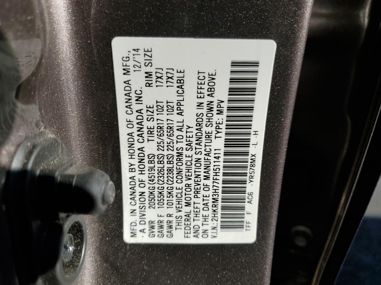 2015 Honda Cr-V Exl VIN: 2HKRM3H77FH511411 Lot: 90444195