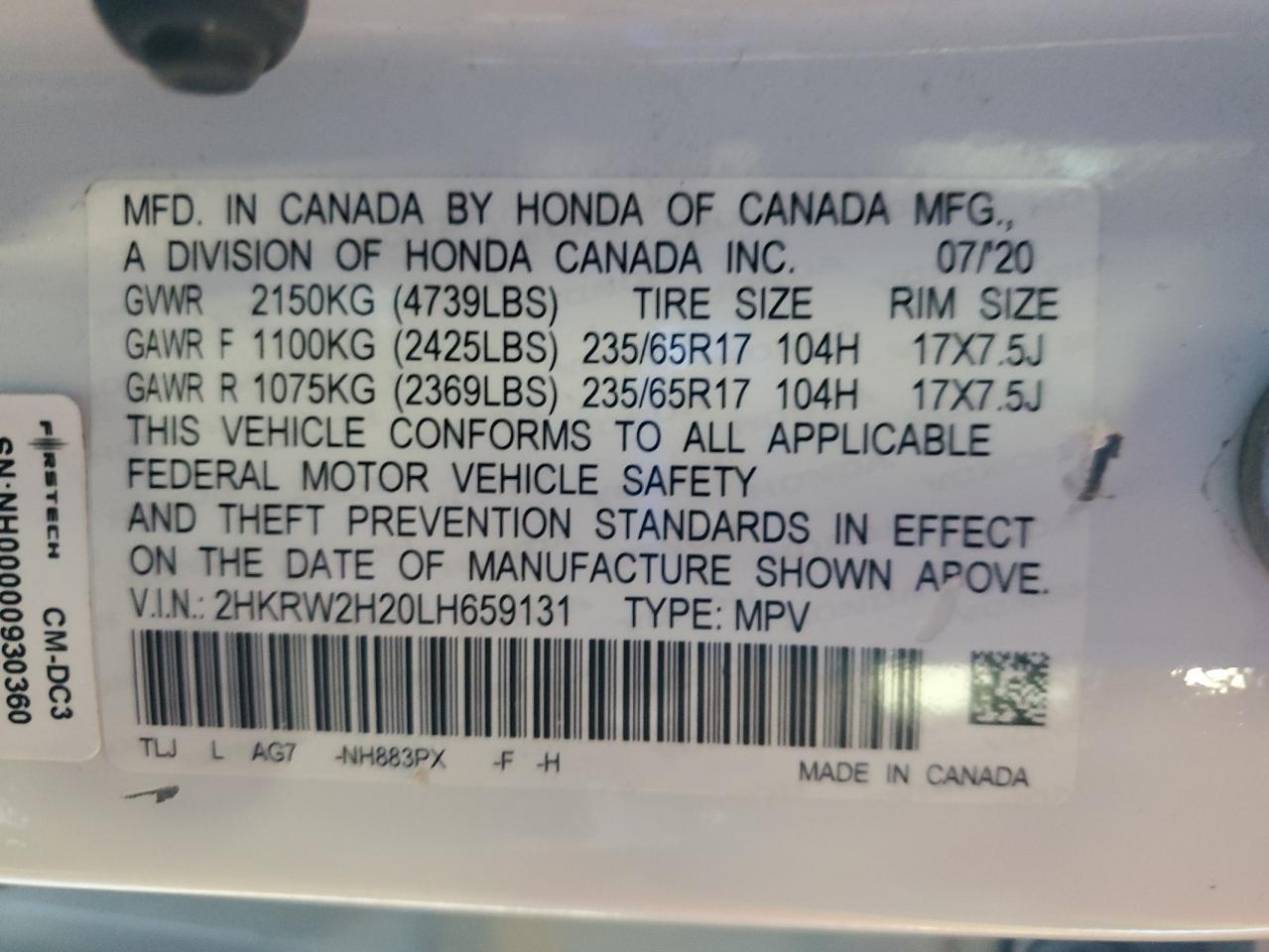 2020 Honda Cr-V Lx VIN: 2HKRW2H20LH659131 Lot: 85710965