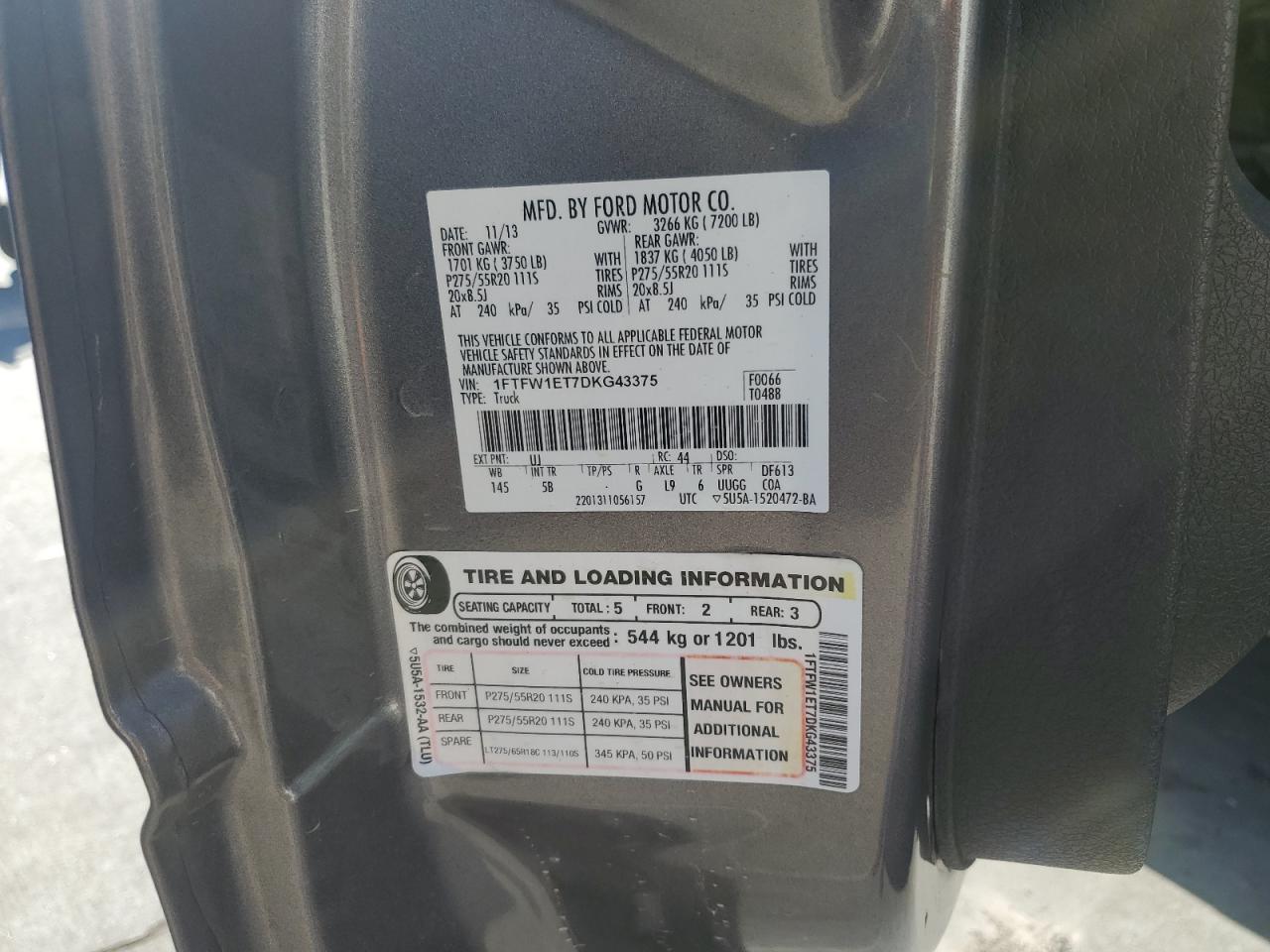 2013 Ford F150 Supercrew VIN: 1FTFW1ET7DKG43375 Lot: 82668605