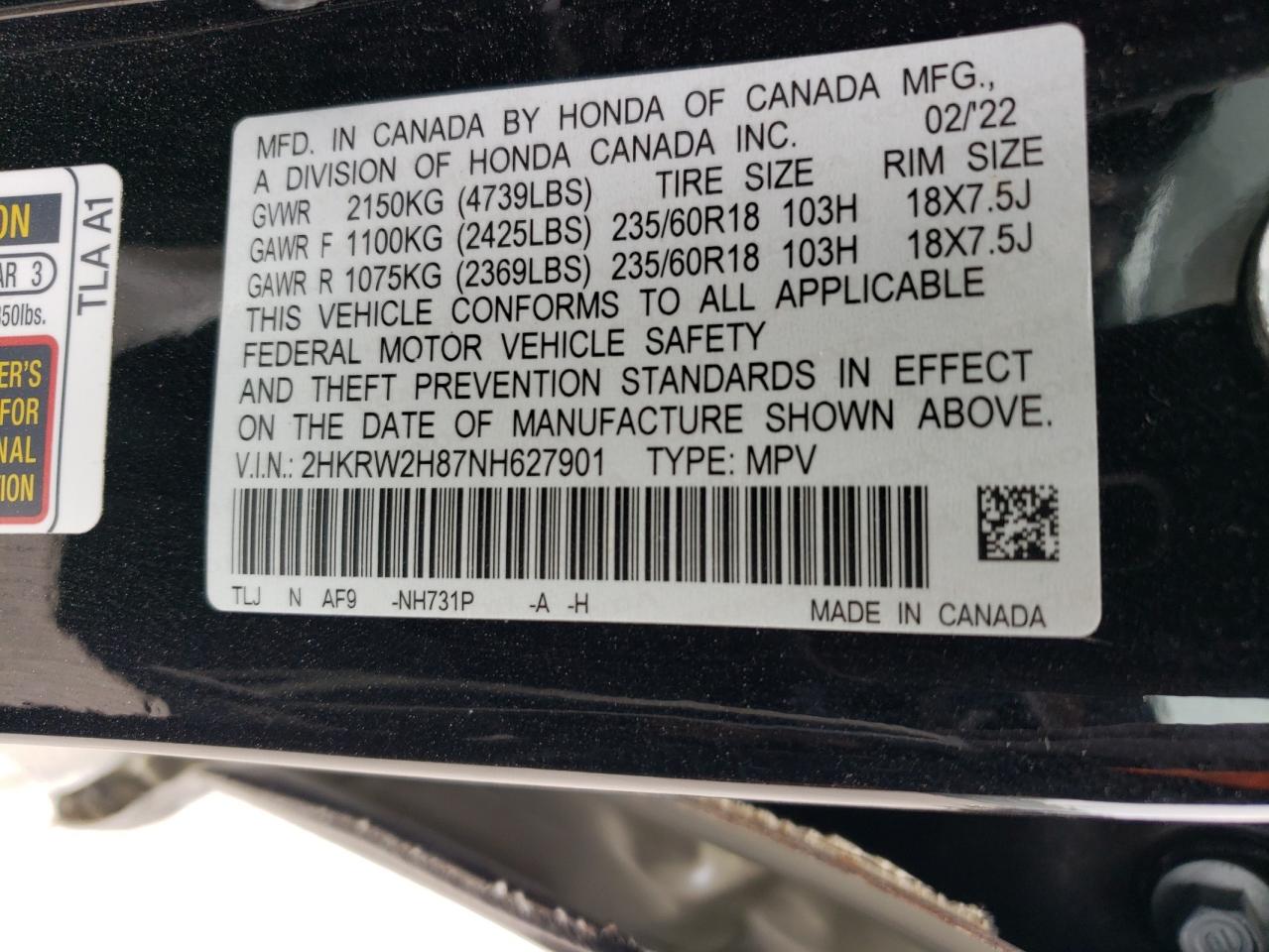 2022 Honda Cr-V Exl VIN: 2HKRW2H87NH627901 Lot: 86064655
