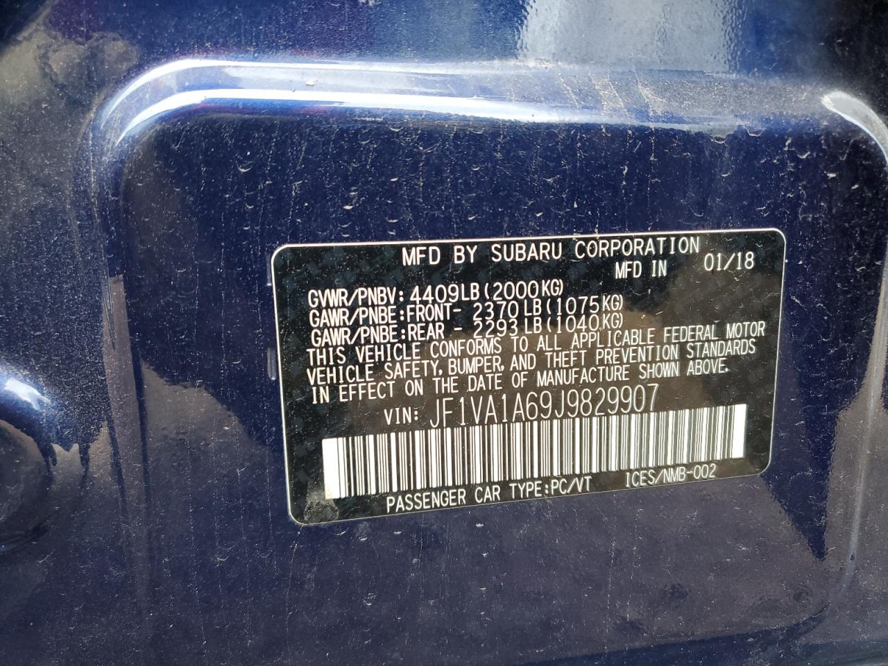 2018 Subaru Wrx VIN: JF1VA1A69J9829907 Lot: 85682315