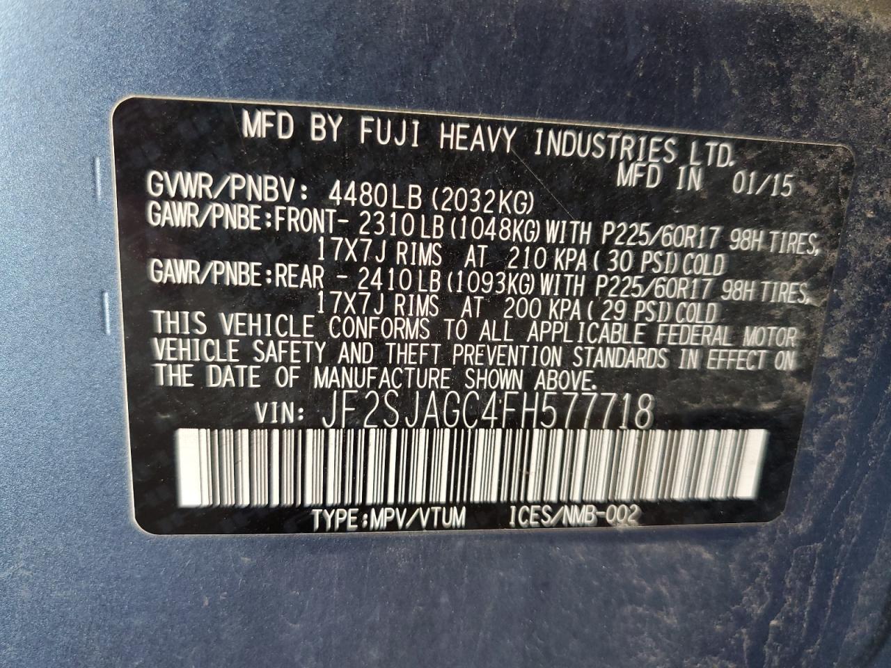 2015 Subaru Forester 2.5I Premium VIN: JF2SJAGC4FH577718 Lot: 82288575