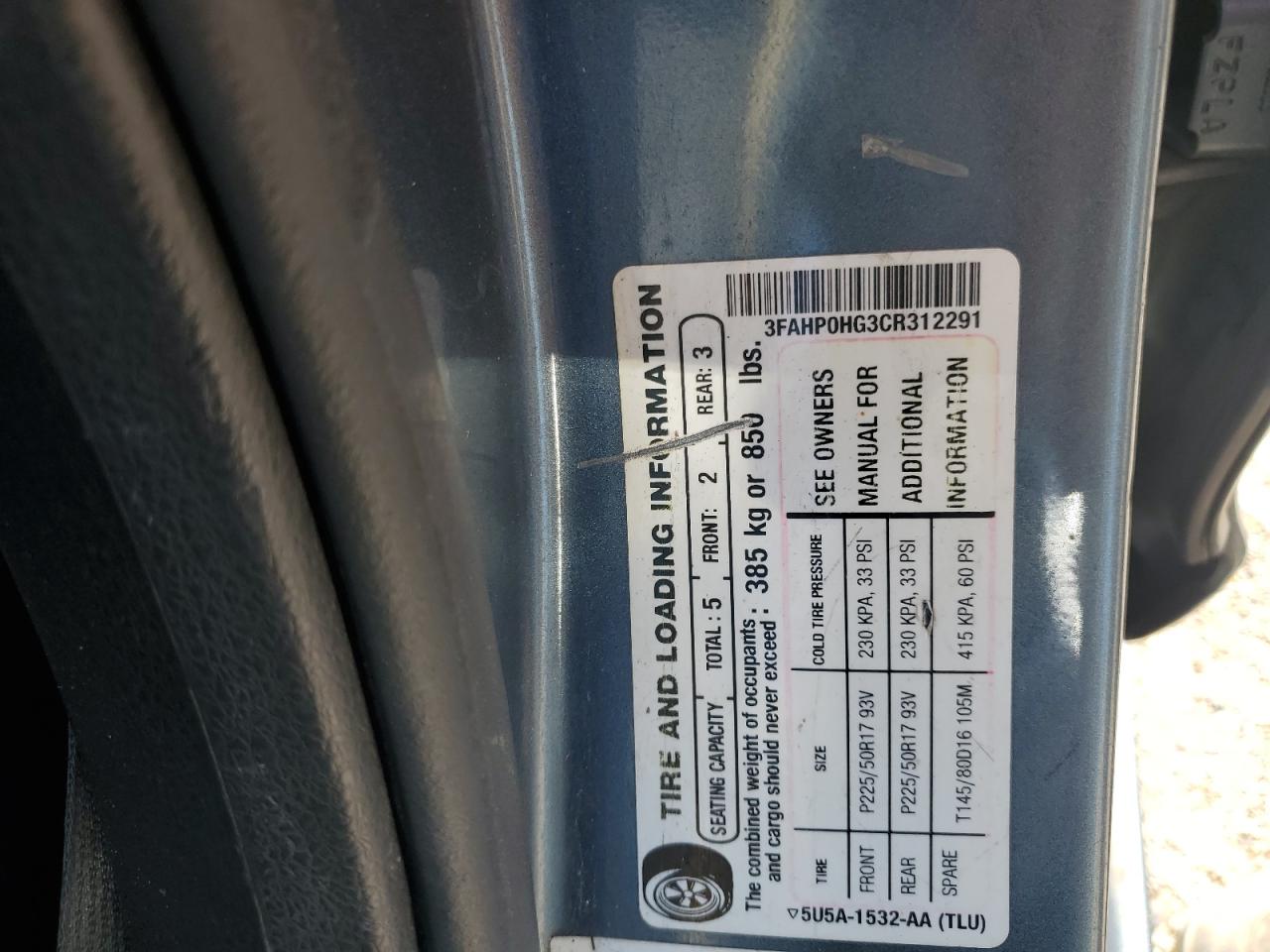 2012 Ford Fusion Se VIN: 3FAHP0HG3CR312291 Lot: 90019995