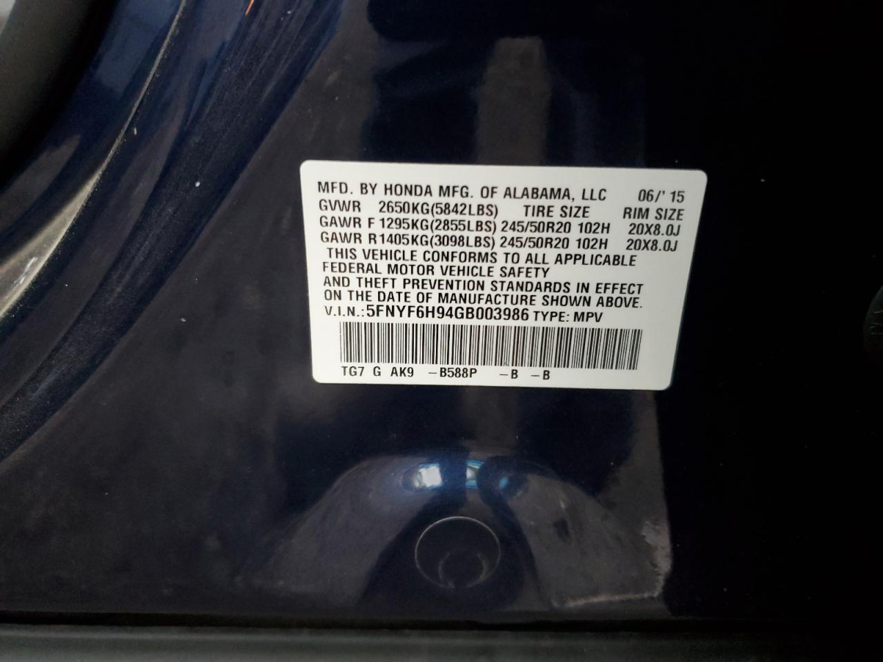 2016 Honda Pilot Touring VIN: 5FNYF6H94GB003986 Lot: 82475835