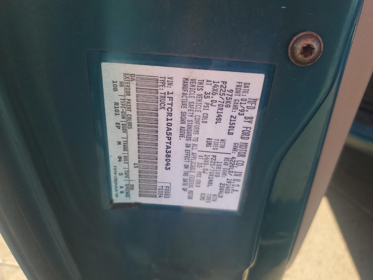 1993 Ford Ranger VIN: 1FTCR10A5PTA38043 Lot: 89707205