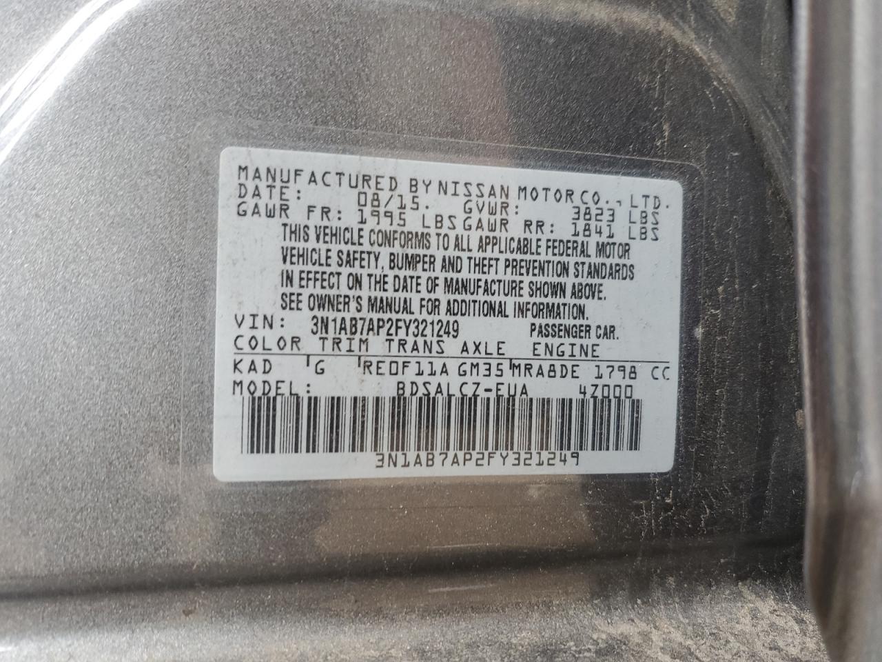 2015 Nissan Sentra S VIN: 3N1AB7AP2FY321249 Lot: 82383225