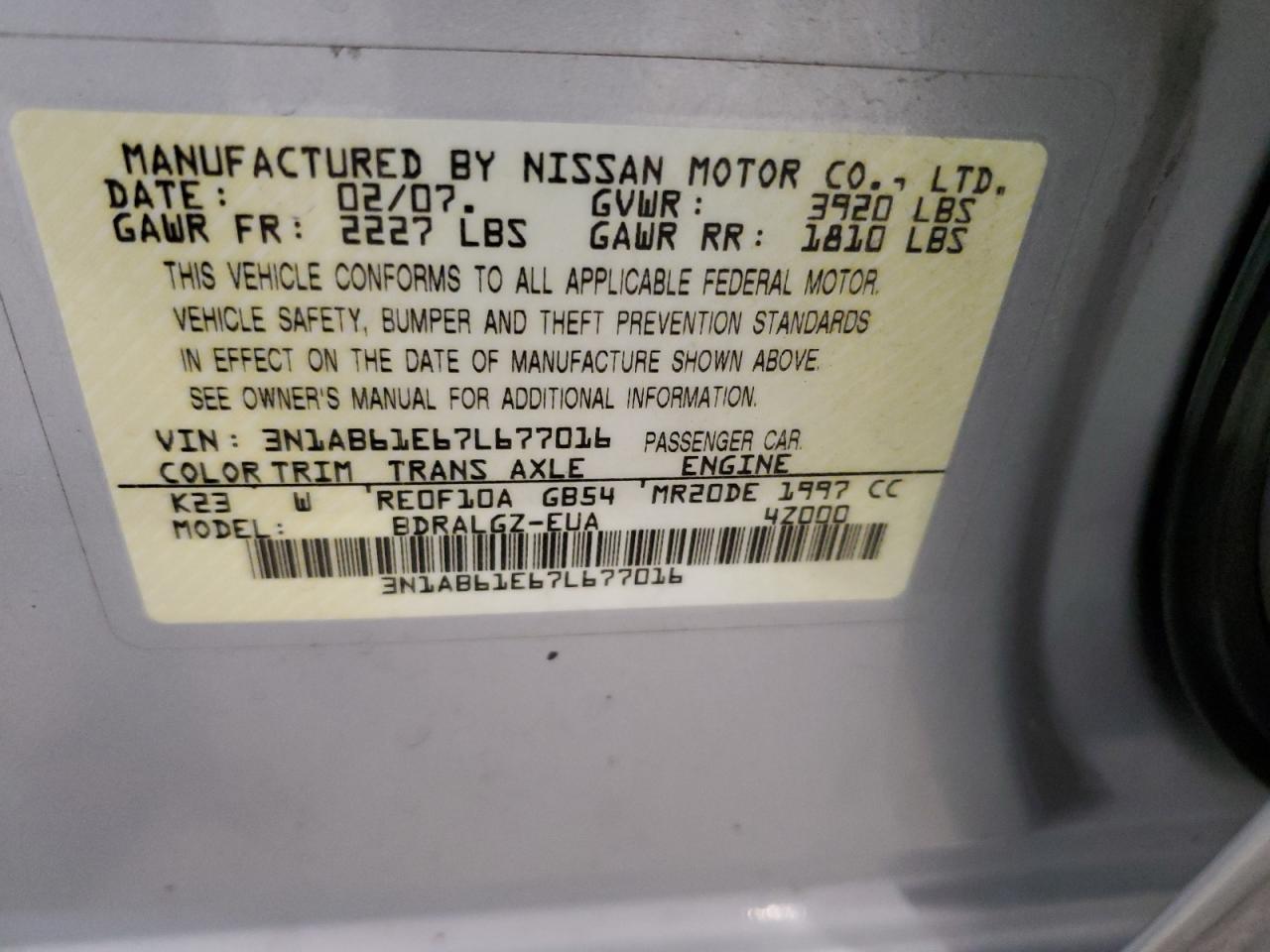 2007 Nissan Sentra 2.0 VIN: 3N1AB61E67L677016 Lot: 82204805