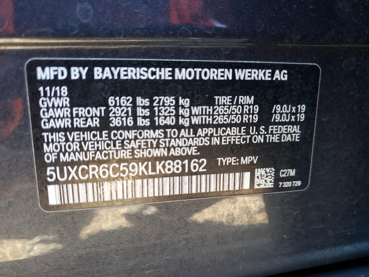 2019 BMW X5 xDrive40I VIN: 5UXCR6C59KLK88162 Lot: 87029655