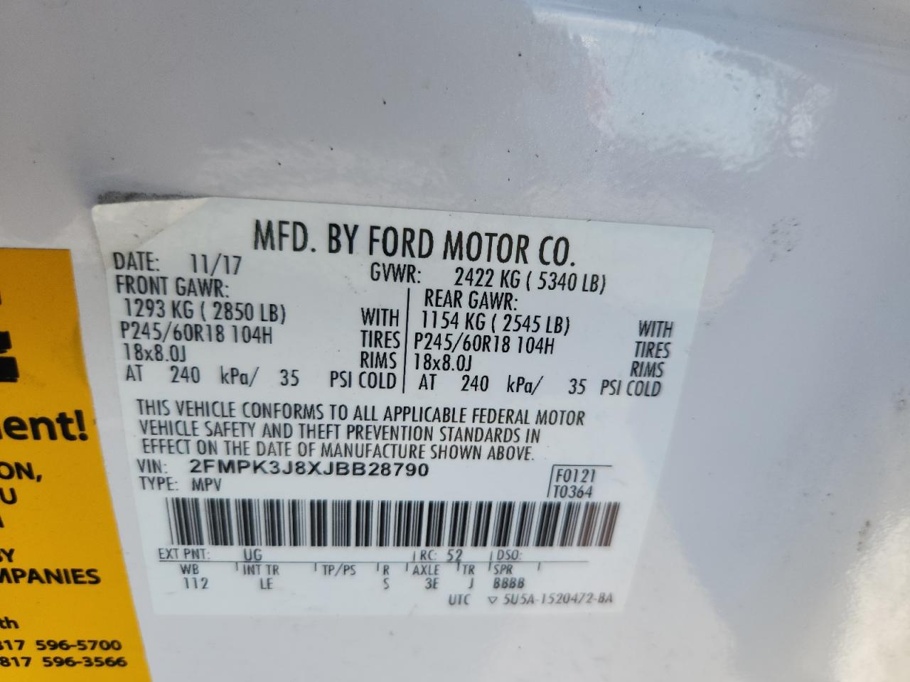 2018 Ford Edge Sel VIN: 2FMPK3J8XJBB28790 Lot: 89916095