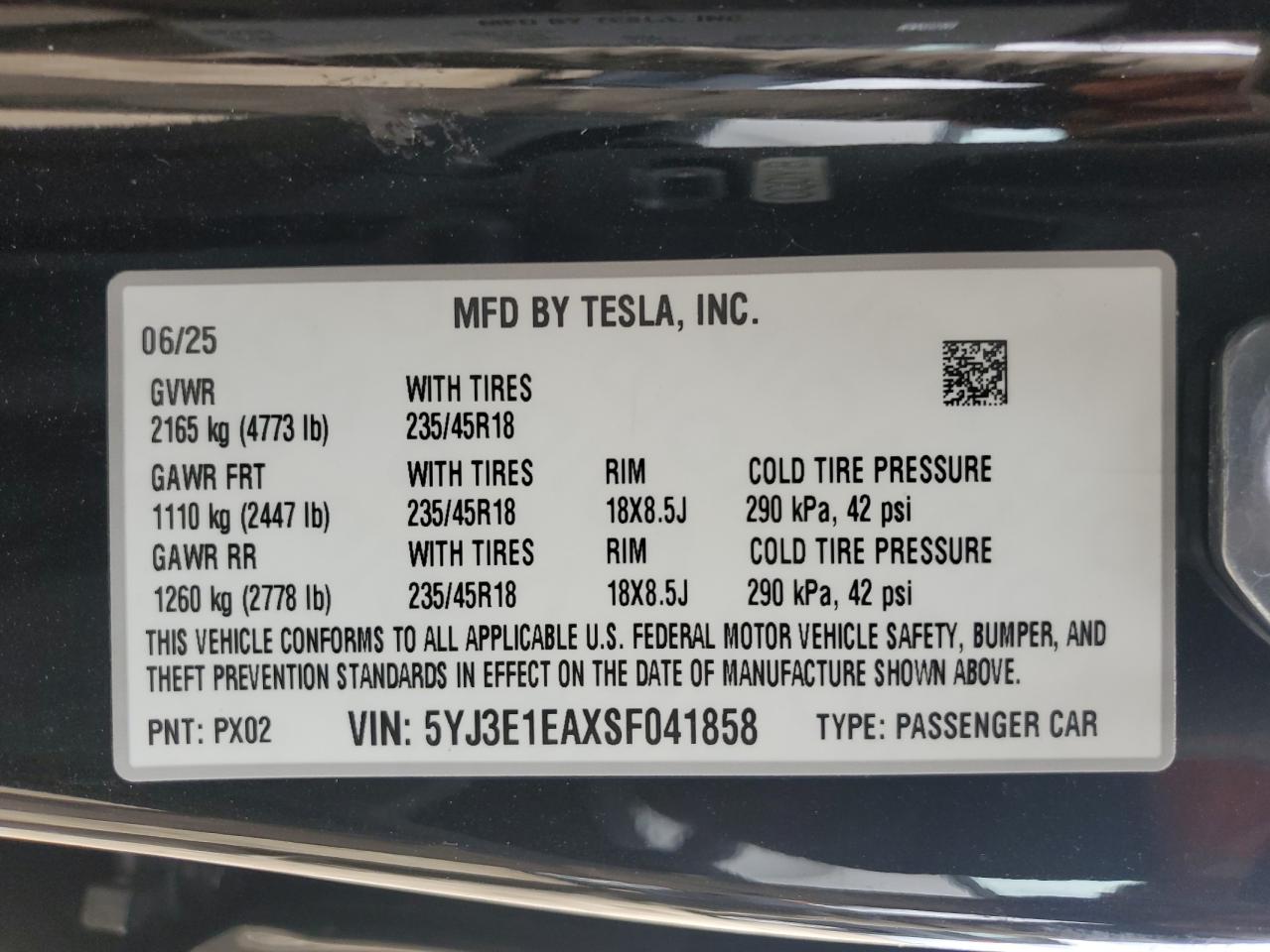 2025 Tesla Model 3 VIN: 5YJ3E1EAXSF041858 Lot: 87063875
