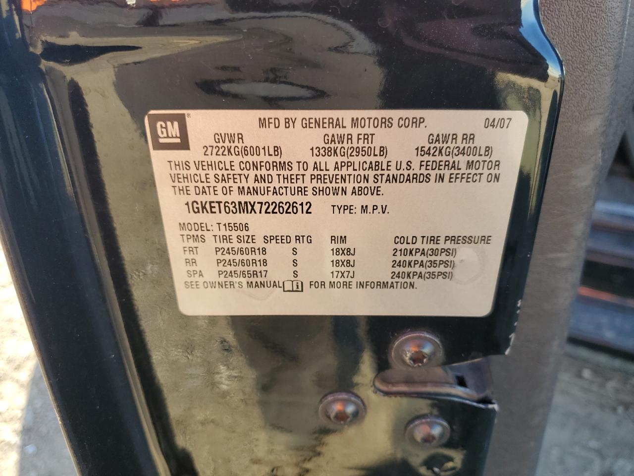 2007 GMC Envoy Denali VIN: 1GKET63MX72262612 Lot: 82707855