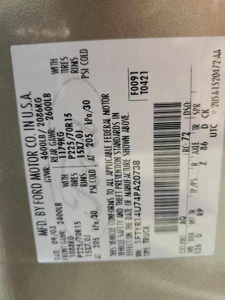 2004 Ford Ranger Super Cab VIN: 1FTYR14U74PA20738 Lot: 82281515