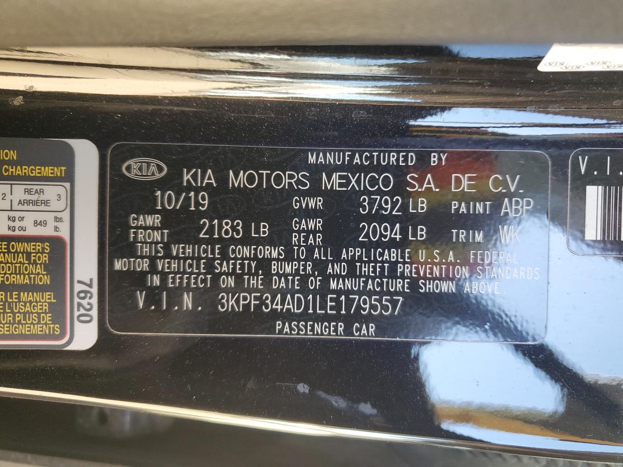 2020 Kia Forte Gt Line VIN: 3KPF34AD1LE179557 Lot: 89510185