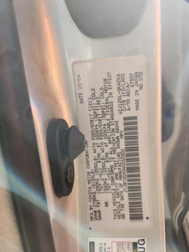 2004 Lexus Gx 470 VIN: JTJBT20X340052900 Lot: 89717825