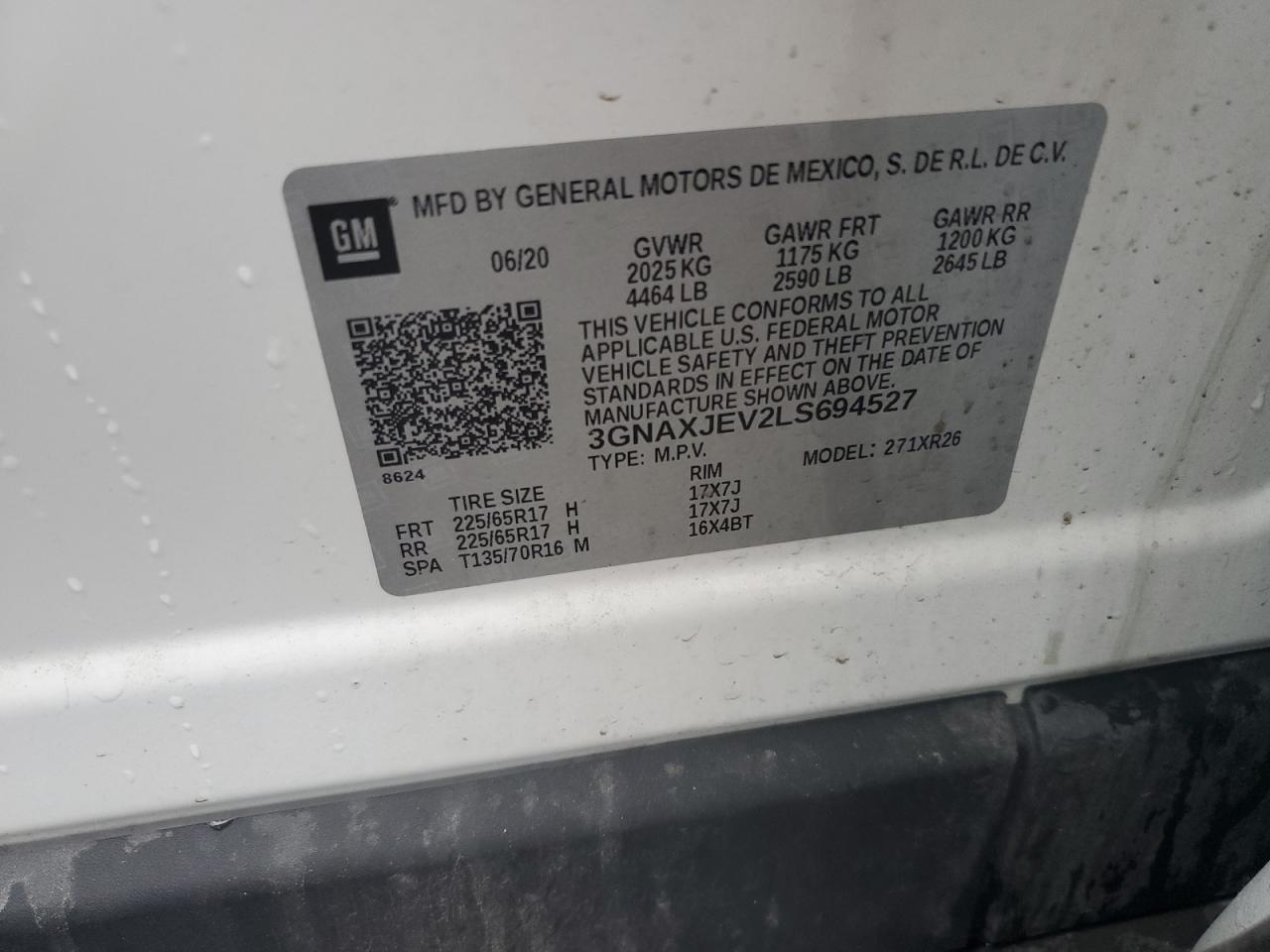 2020 Chevrolet Equinox Lt VIN: 3GNAXJEV2LS694527 Lot: 85489035