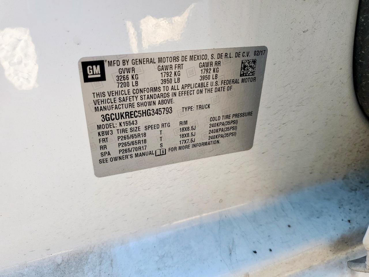 2017 Chevrolet Silverado K1500 Lt VIN: 3GCUKREC5HG345793 Lot: 85340215