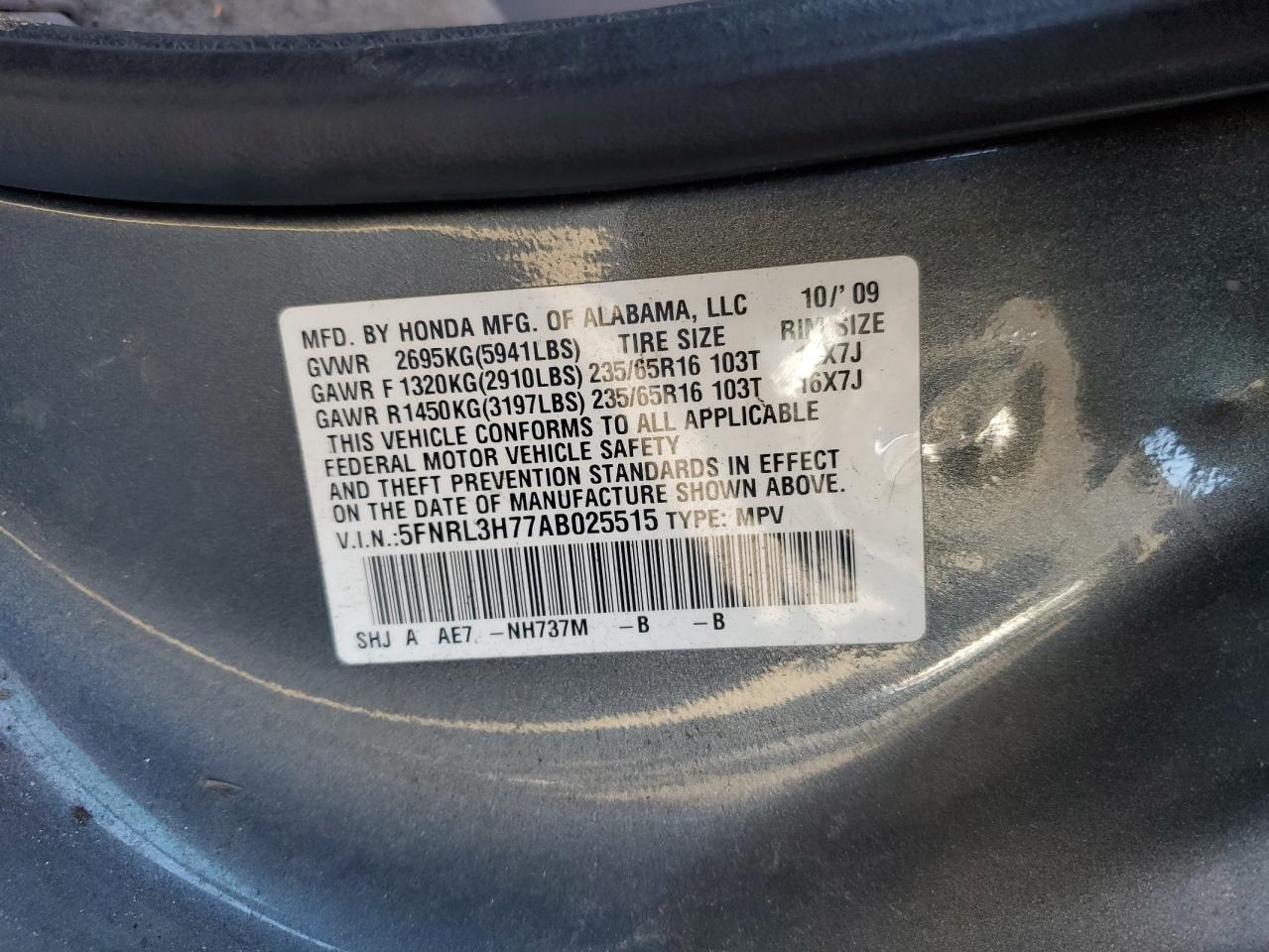 2010 Honda Odyssey Exl VIN: 5FNRL3H77AB025515 Lot: 81907485