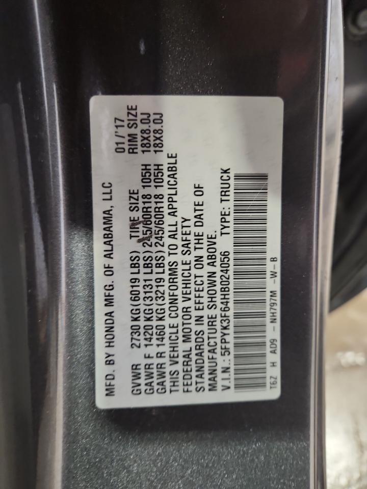 2017 Honda Ridgeline Rtl VIN: 5FPYK3F64HB024056 Lot: 89803505