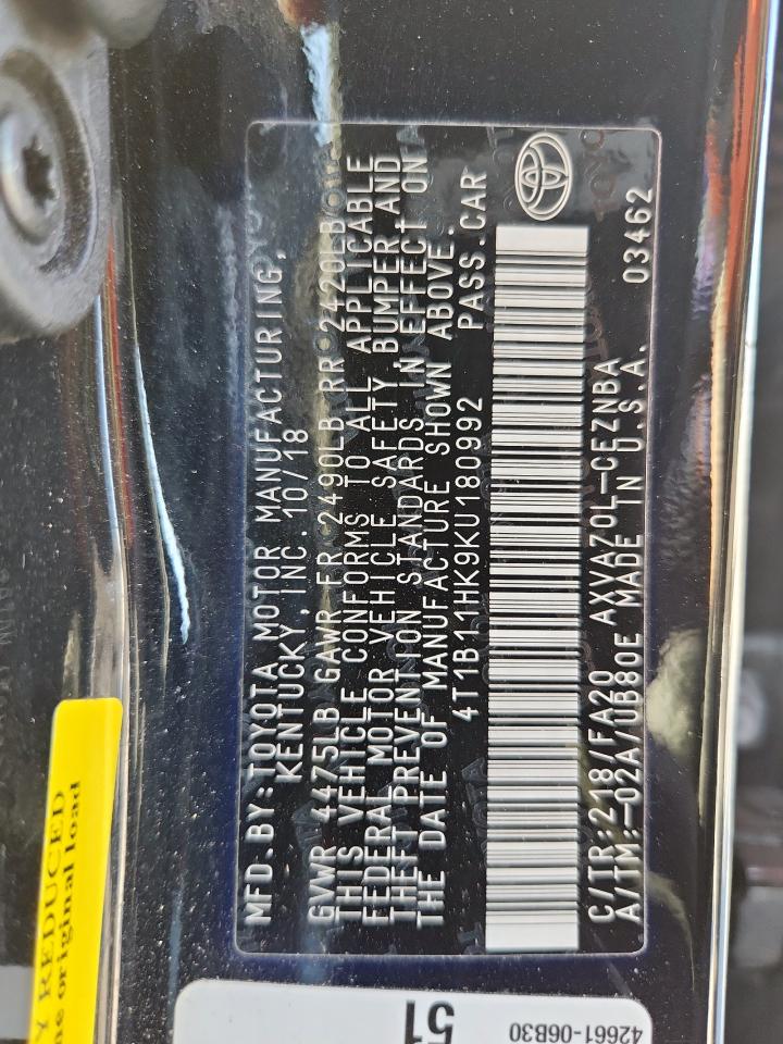 2019 Toyota Camry L VIN: 4T1B11HK9KU180992 Lot: 86313225