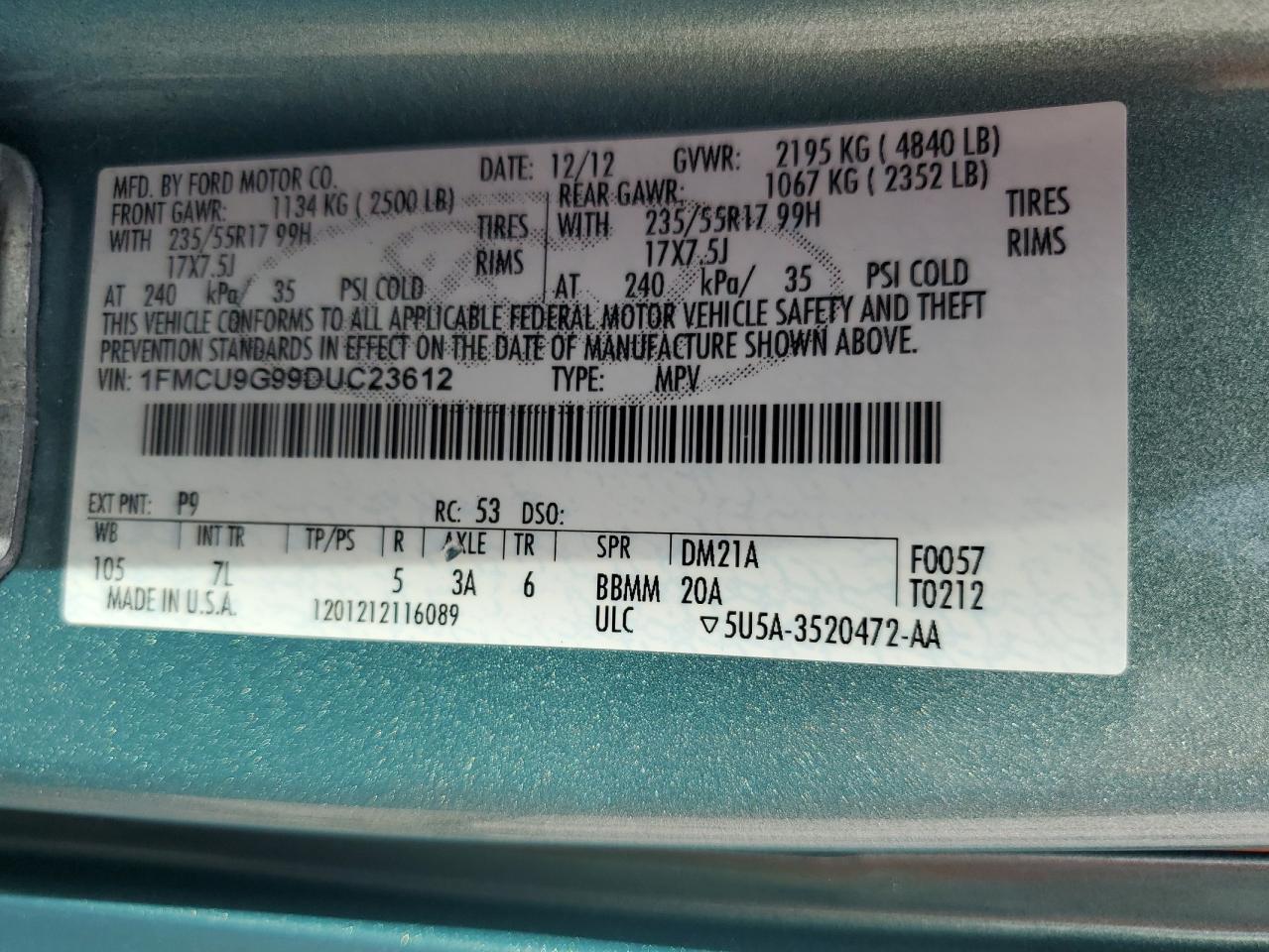 2013 Ford Escape Se VIN: 1FMCU9G99DUC23612 Lot: 84975875