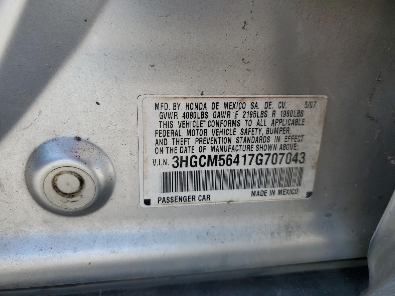 2007 Honda Accord Lx VIN: 3HGCM56417G707043 Lot: 84896575