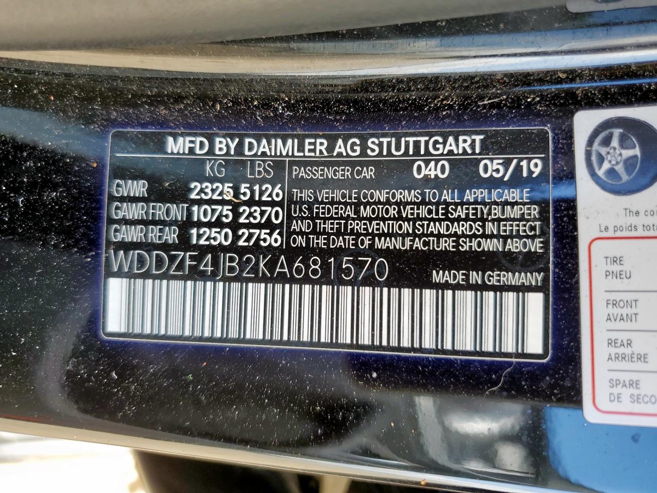 2019 Mercedes-Benz E 300 VIN: WDDZF4JB2KA681570 Lot: 85543505