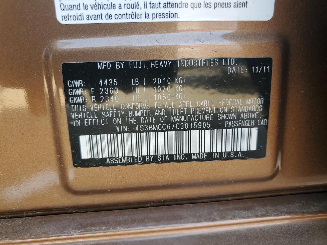 2012 Subaru Legacy 2.5I Premium VIN: 4S3BMCC67C3015905 Lot: 84484875