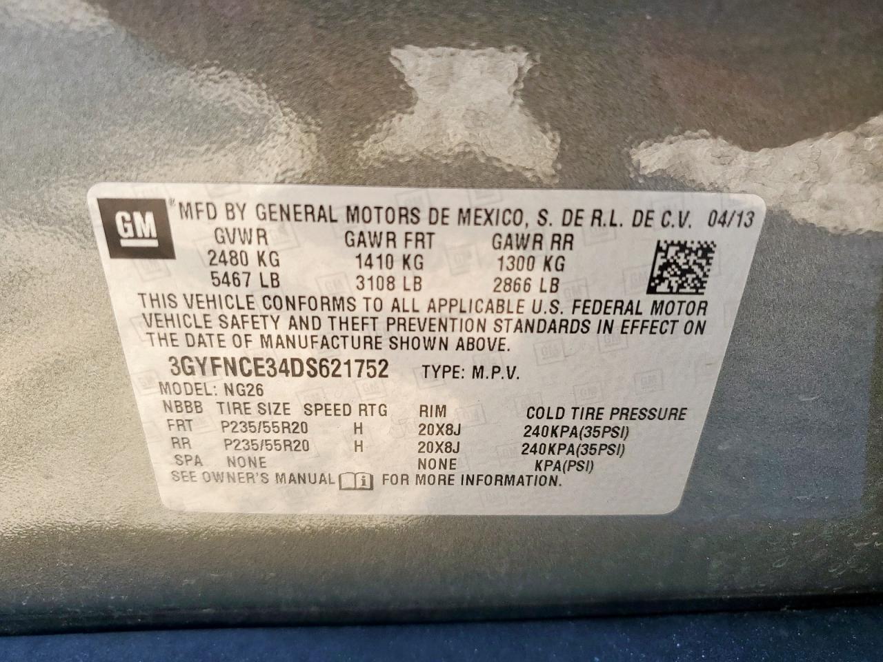 2013 Cadillac Srx Luxury Collection VIN: 3GYFNCE34DS621752 Lot: 86317925