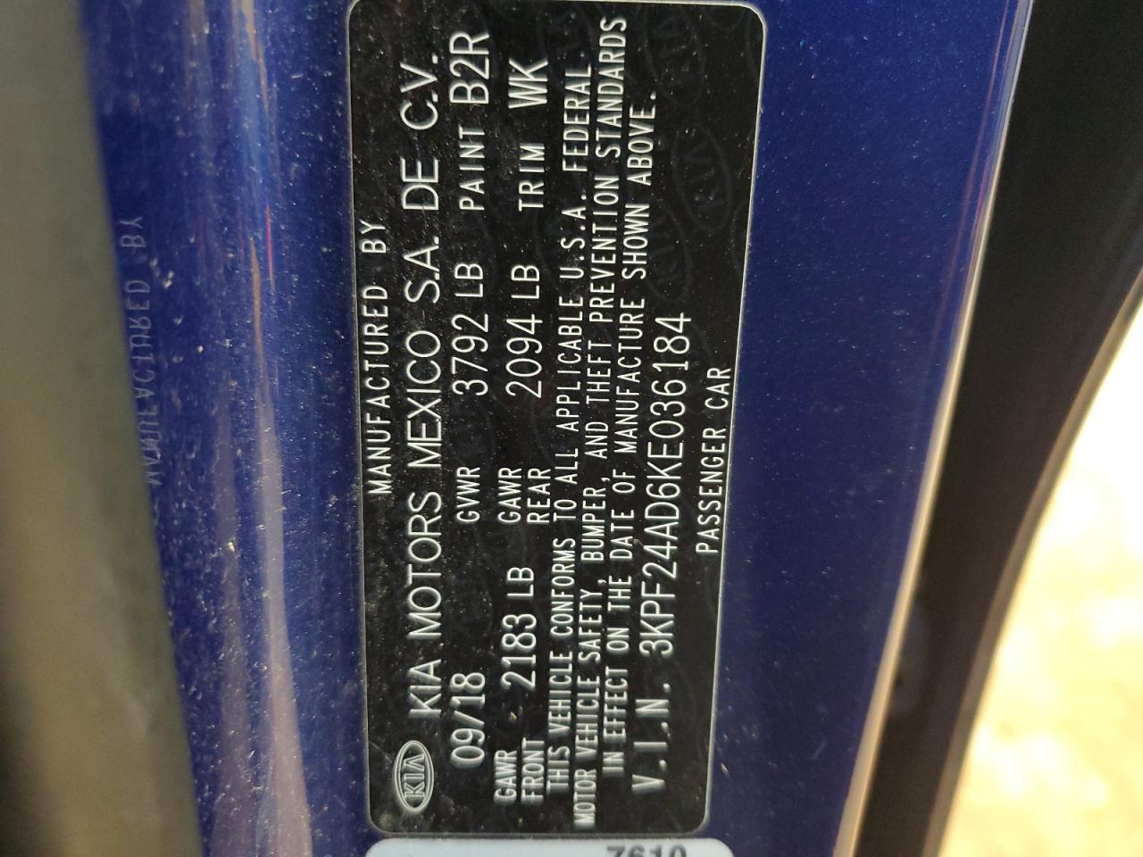 2019 Kia Forte Fe VIN: 3KPF24AD6KE036184 Lot: 86175895