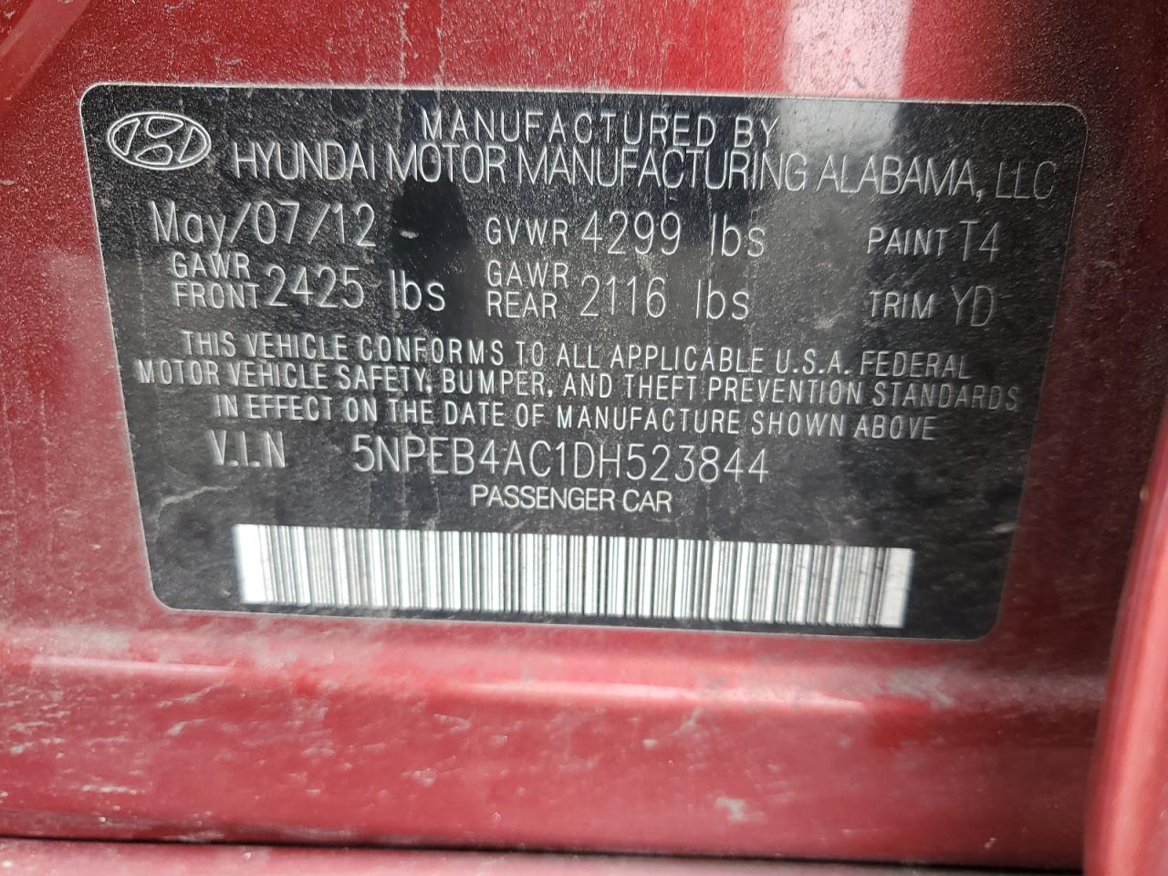 2013 Hyundai Sonata Gls VIN: 5NPEB4AC1DH523844 Lot: 82414295