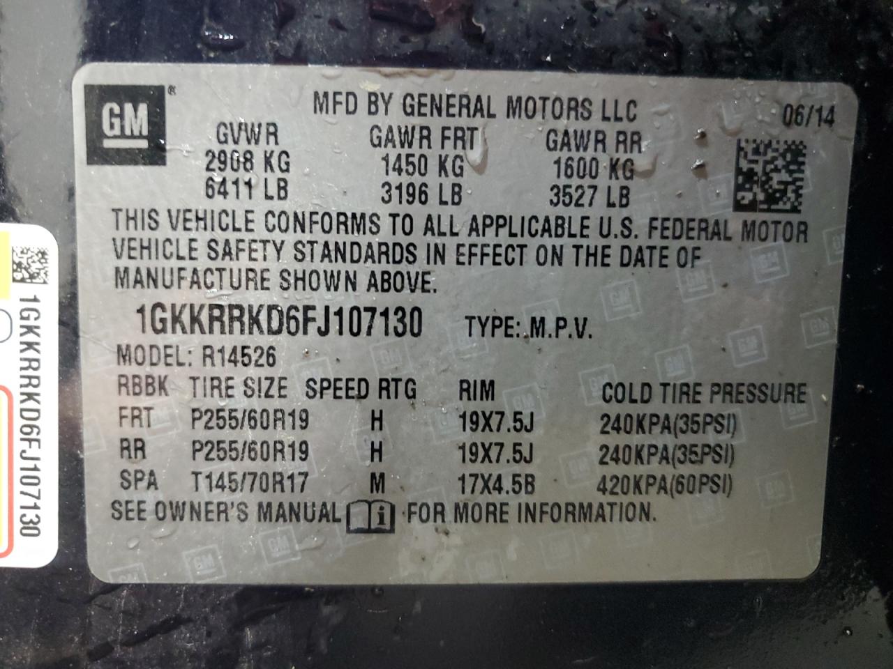 2015 GMC Acadia Slt-1 VIN: 1GKKRRKD6FJ107130 Lot: 89900355