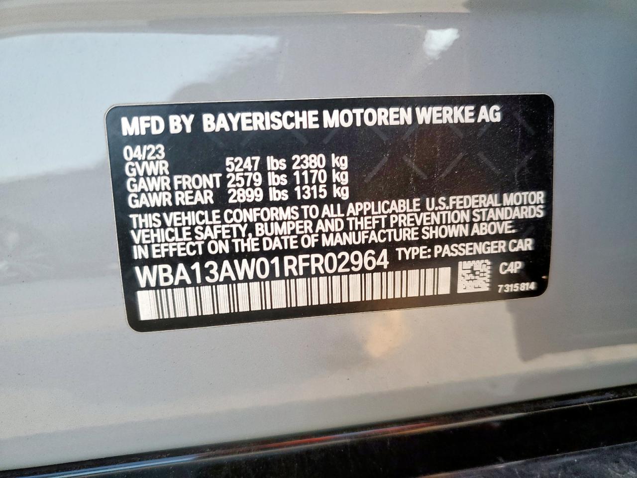 2024 BMW M440Xi Gran Coupe VIN: WBA13AW01RFR02964 Lot: 84403655