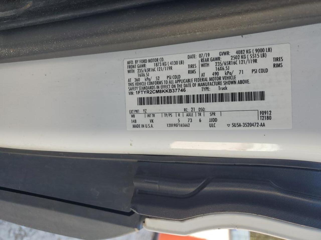 2019 Ford Transit Delivery Van VIN: 1FTYR2CM8KKB37746 Lot: 87208365