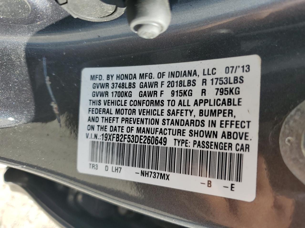 2013 Honda Civic Lx VIN: 19XFB2F53DE260649 Lot: 84624655
