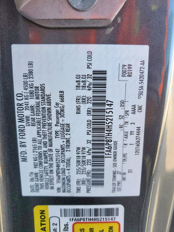 2017 Ford Mustang VIN: 1FA6P8TH4H5215147 Lot: 90947535