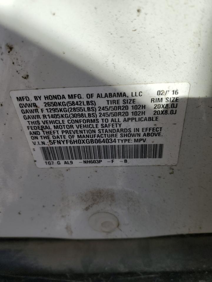 2016 Honda Pilot Elite VIN: 5FNYF6H0XGB064034 Lot: 82361685