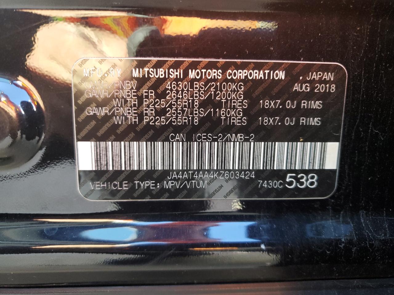 2019 Mitsubishi Eclipse Cross Le VIN: JA4AT4AA4KZ603424 Lot: 85293035