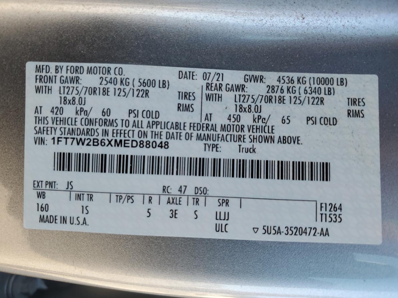 2021 Ford F250 Super Duty VIN: 1FT7W2B6XMED88048 Lot: 82242645