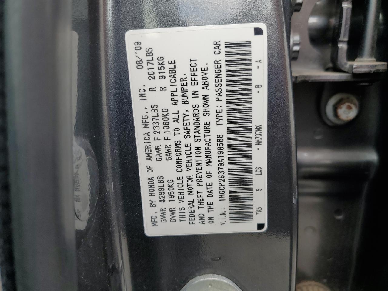 2009 Honda Accord Lx VIN: 1HGCP26379A198588 Lot: 86233255